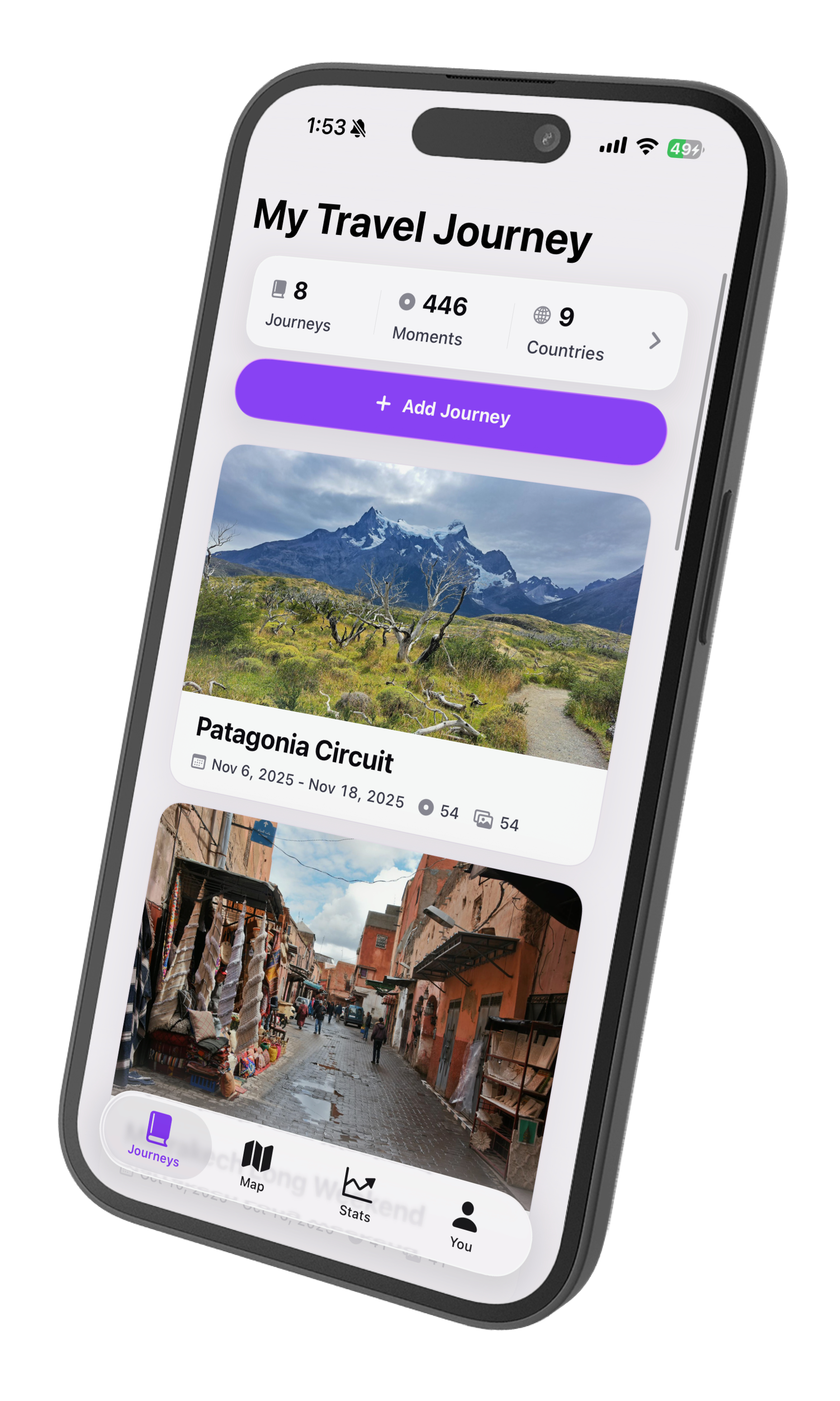 Journey list screen showing multiple saved trips in an angled iPhone mockup