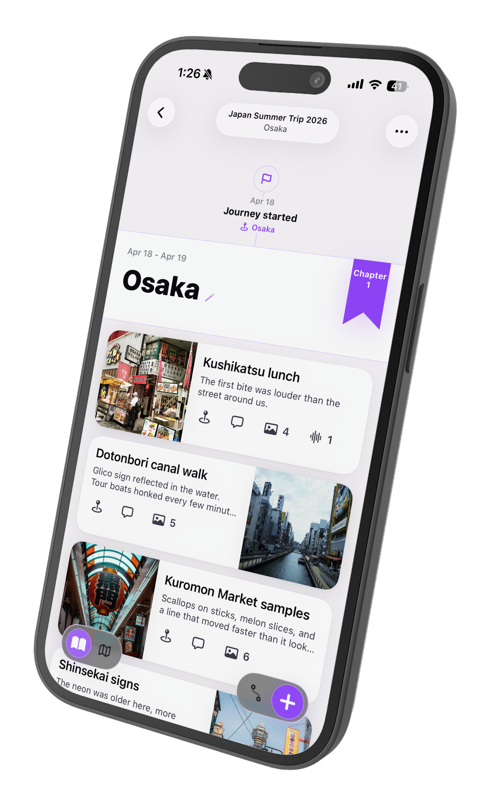 Journey timeline screen showing the Osaka chapter start in an angled iPhone mockup