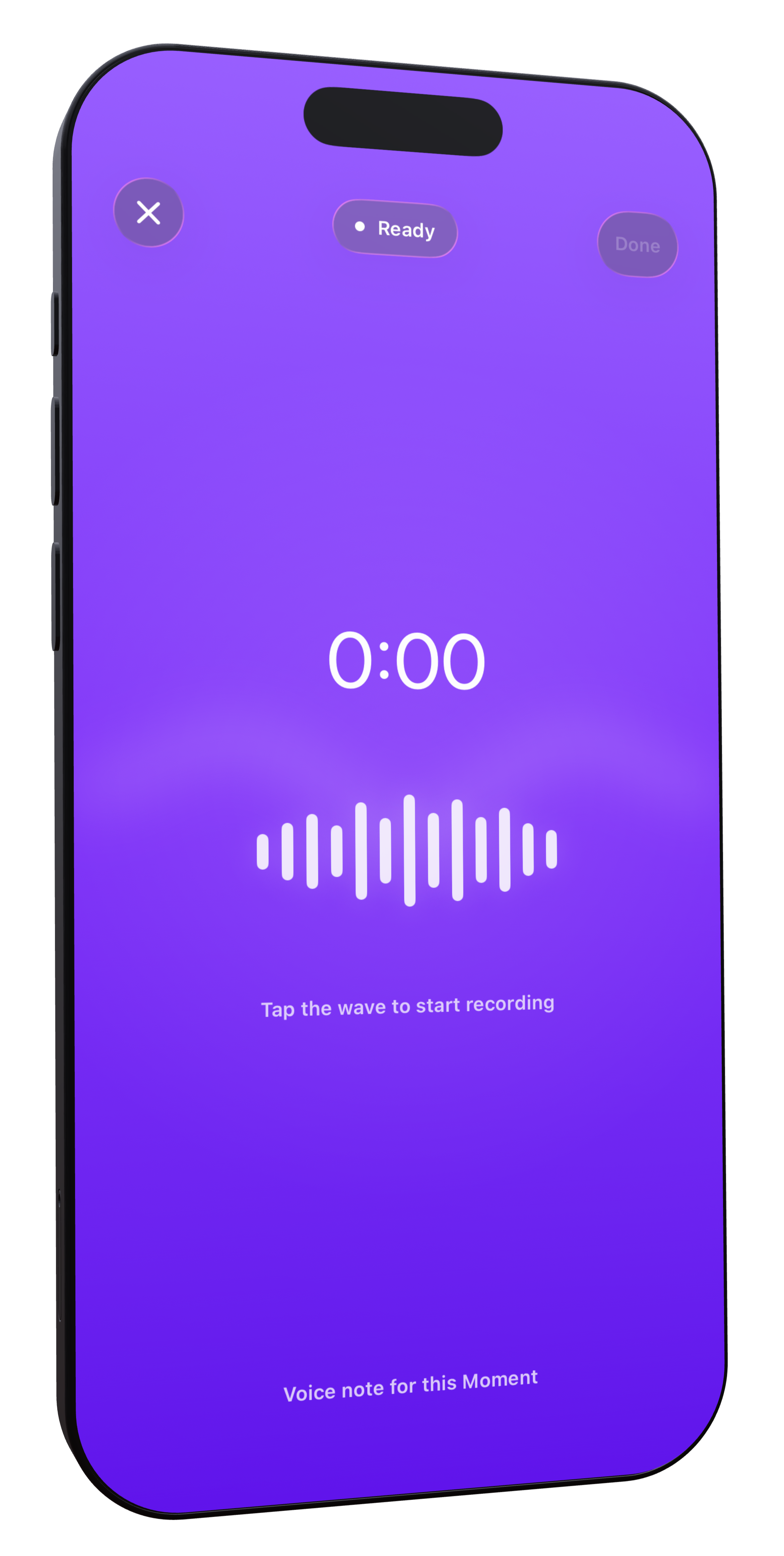 Voice recorder screen with purple waveform in an angled iPhone mockup