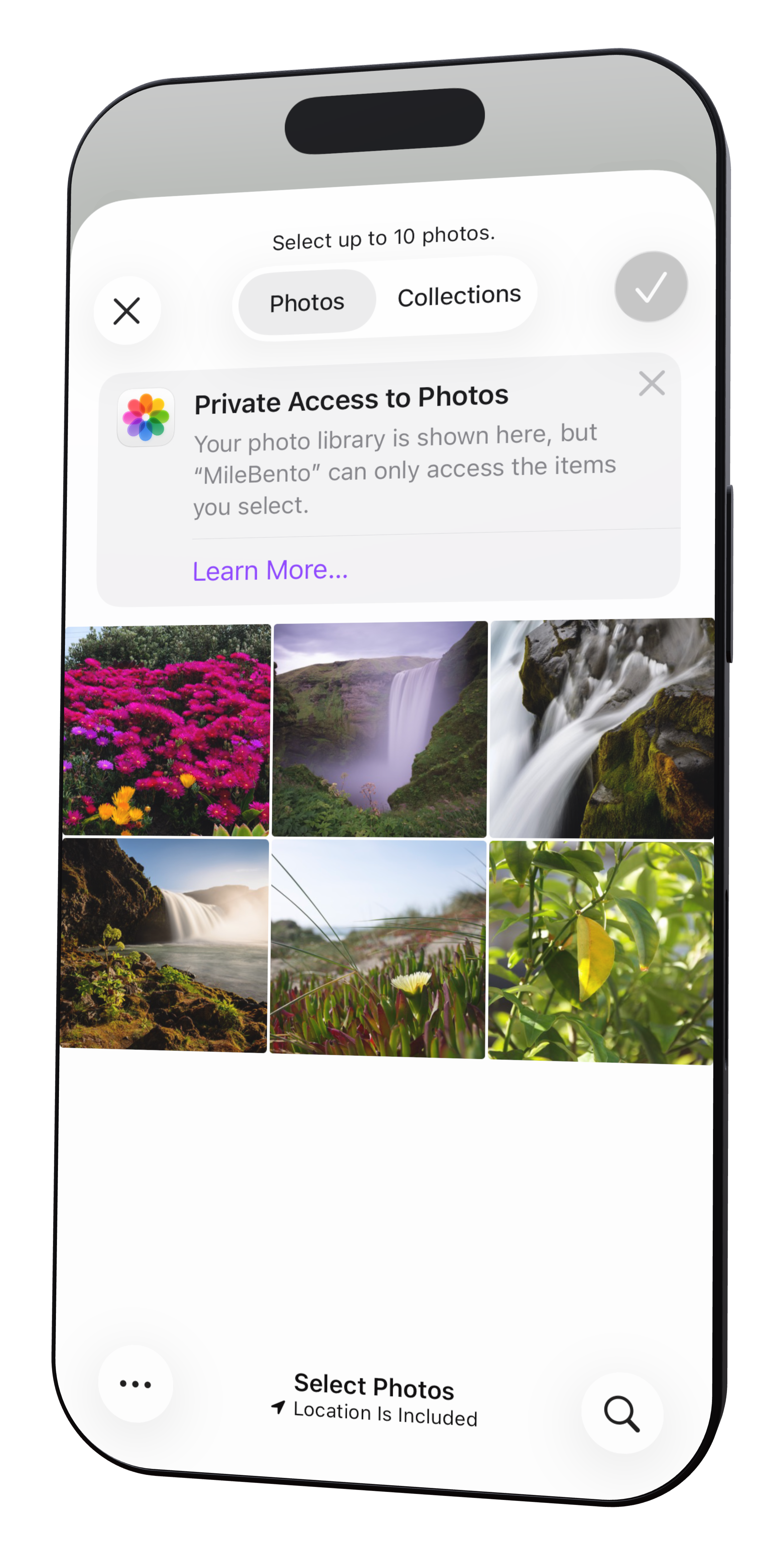Photo picker screen for selecting travel images in an angled iPhone mockup