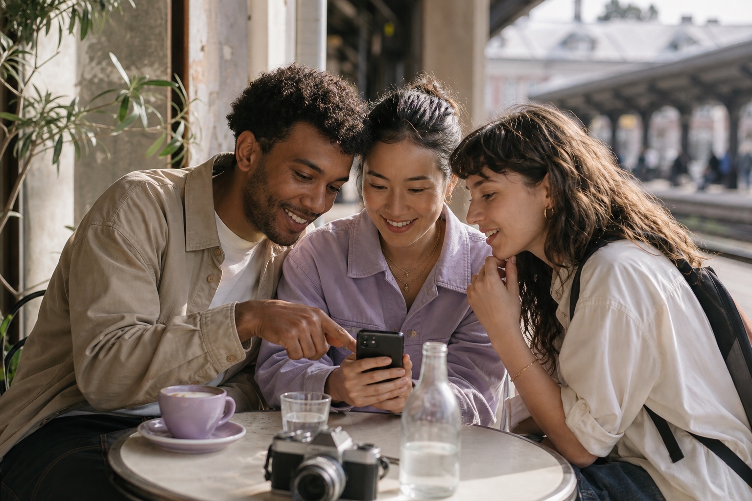 Three travelers looking at a phone together at a cafe table.